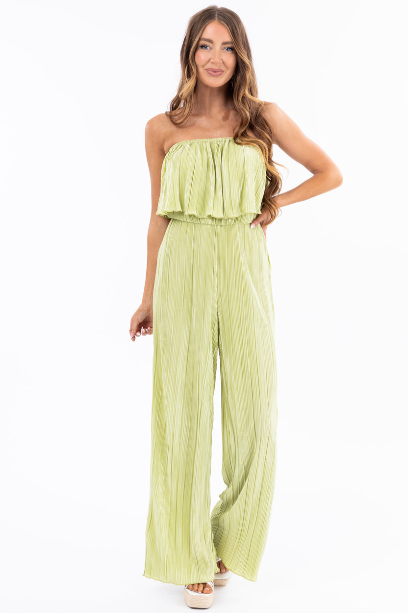 Pistachio Pleated Sleeveless Overlay Jumpsuit