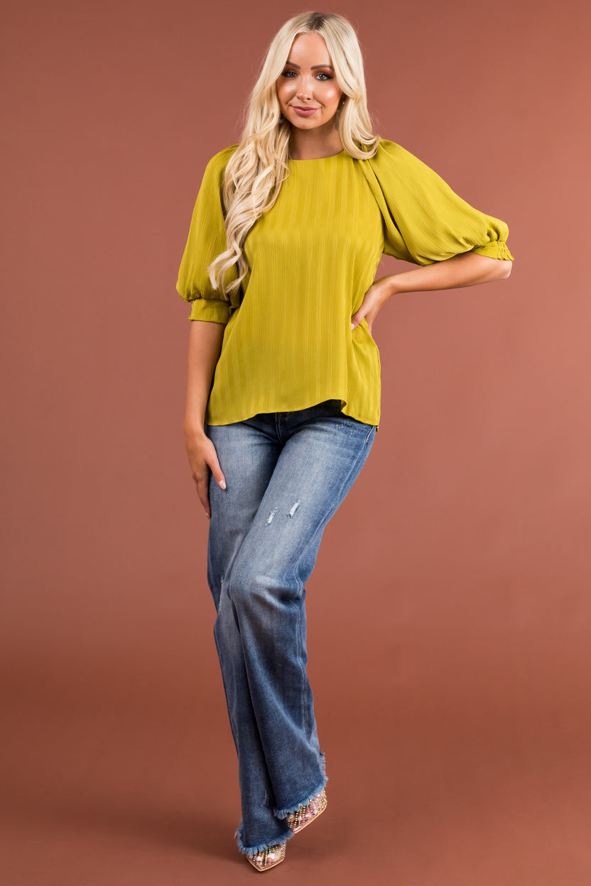 Pistachio Textured Ribbed Half Sleeve Blouse