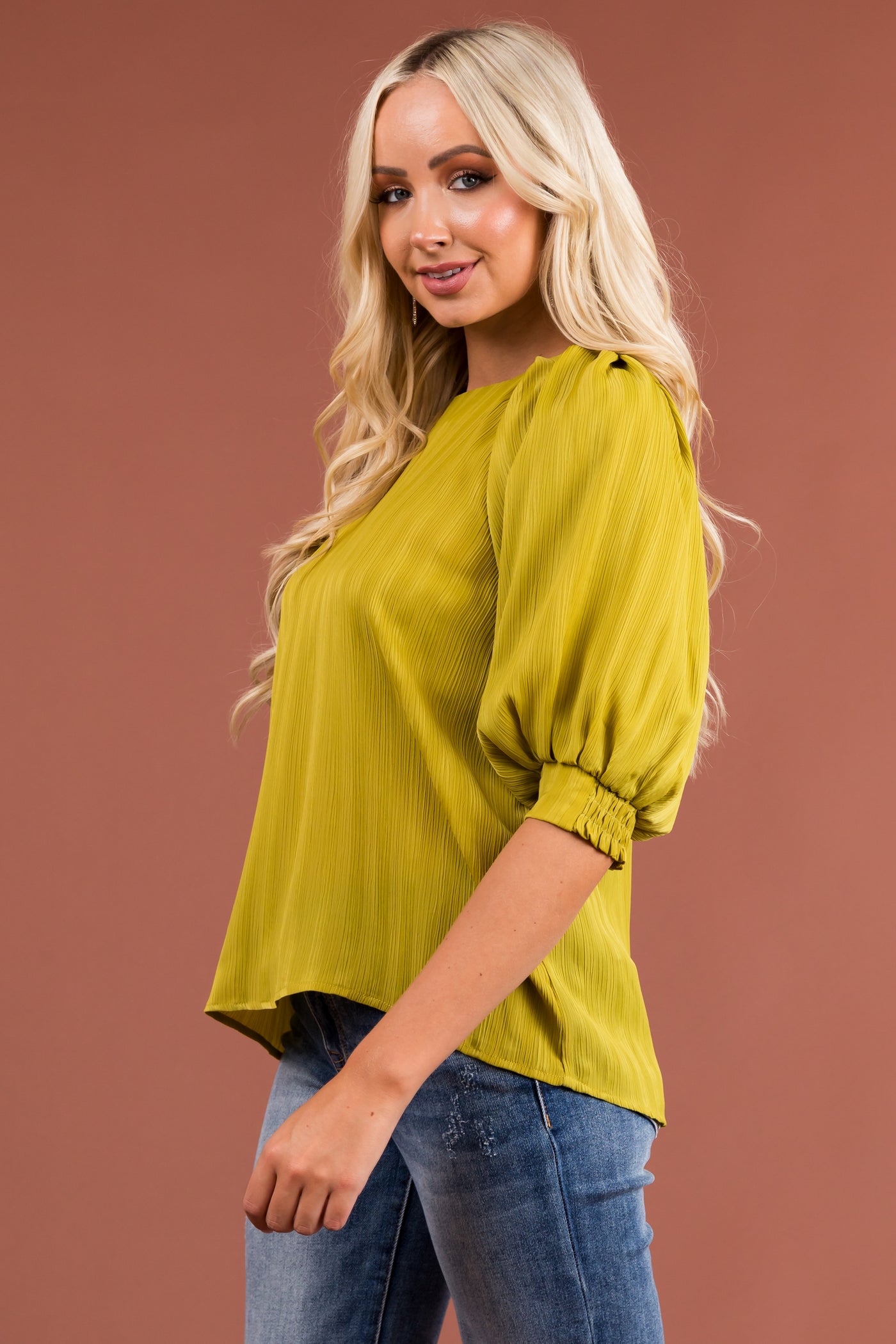 Pistachio Textured Ribbed Half Sleeve Blouse