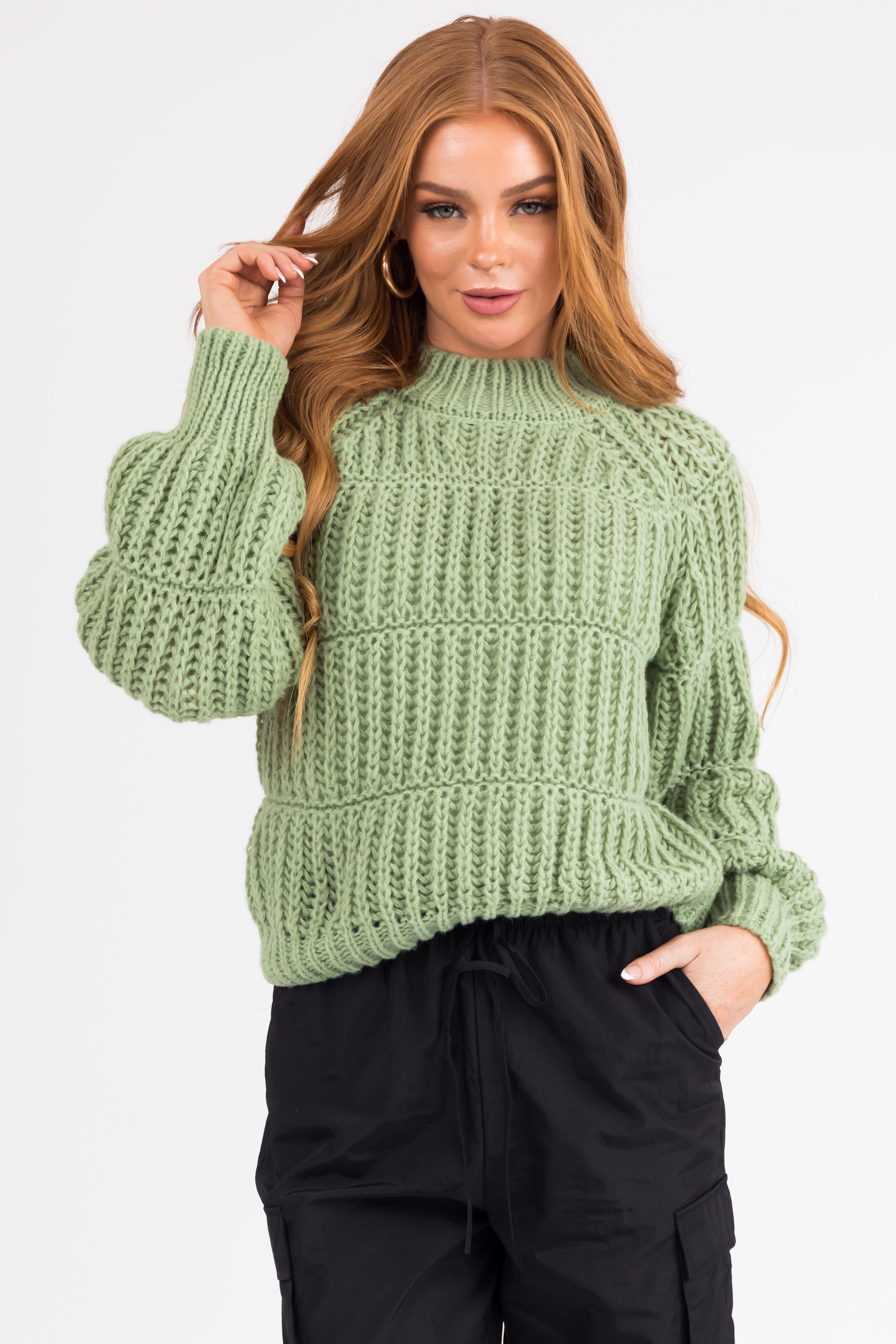 Pistachio Thick Crochet Knit Tiered Sweater | Lime Lush