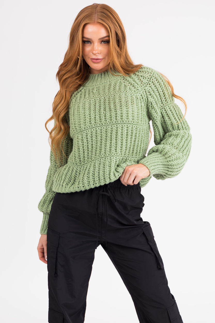 Pistachio Thick Crochet Knit Tiered Sweater