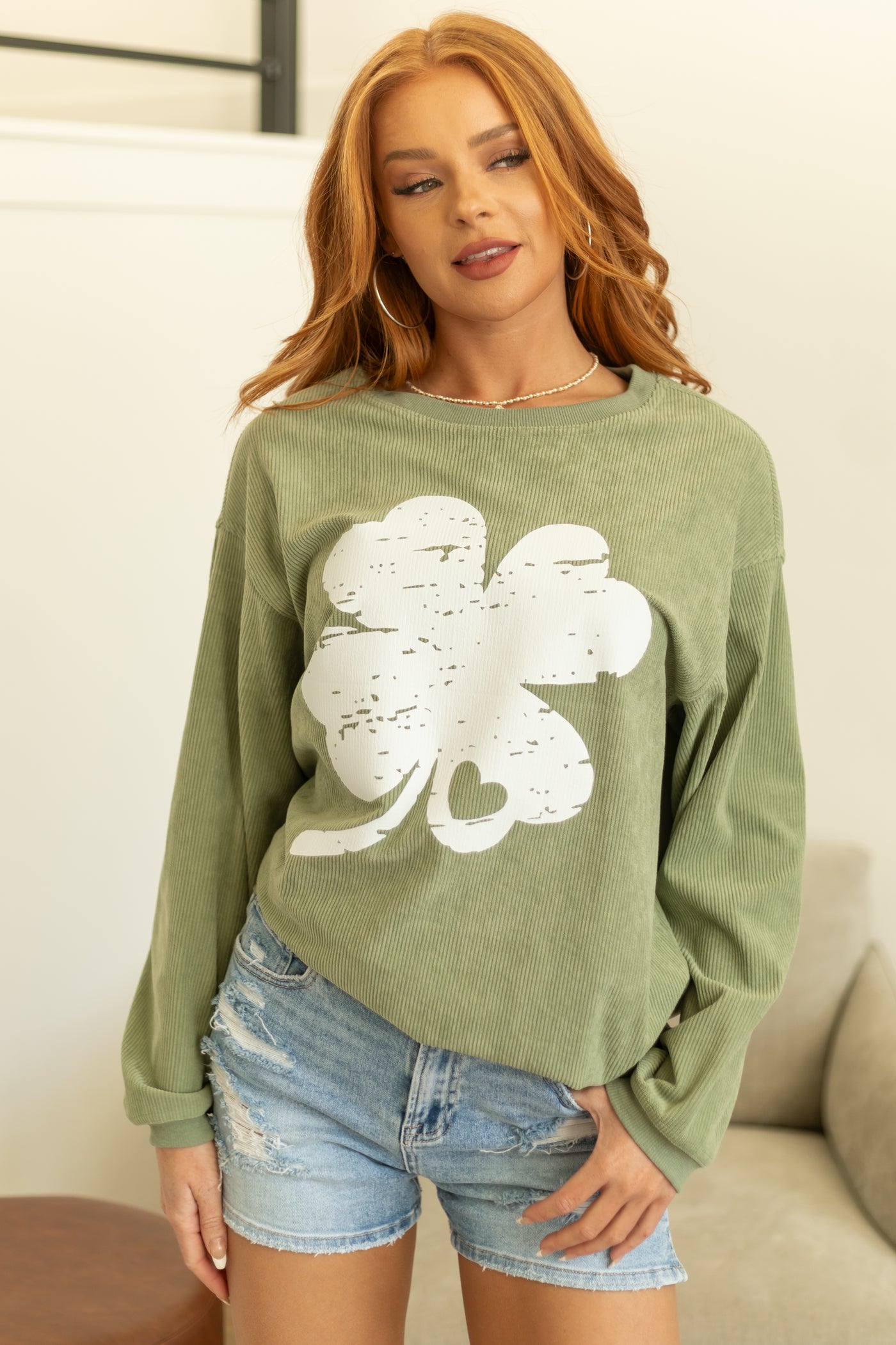 Pistachio Clover Graphic Ribbed Sweatshirt