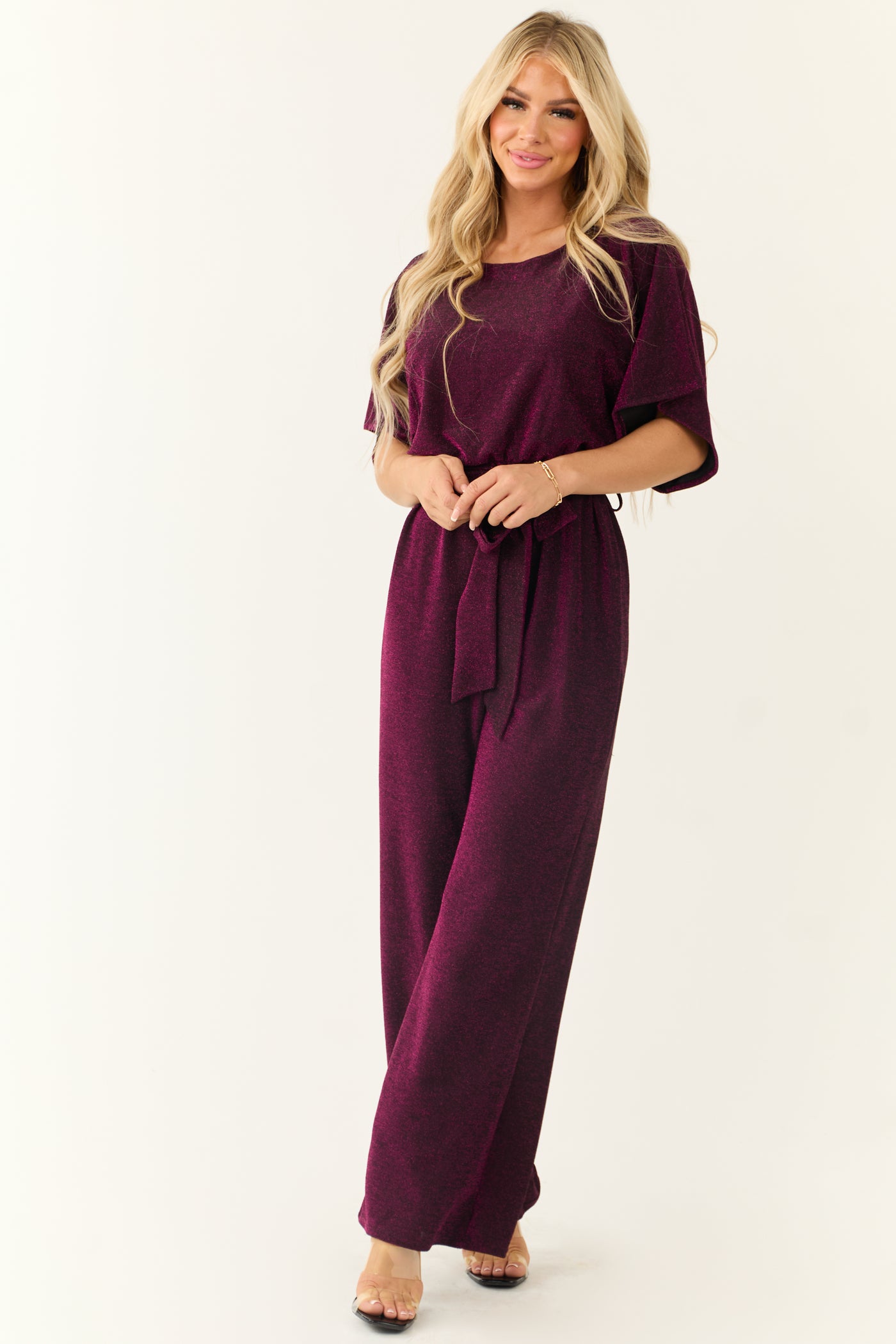 Plum Glitter Waist Tied Jumpsuit