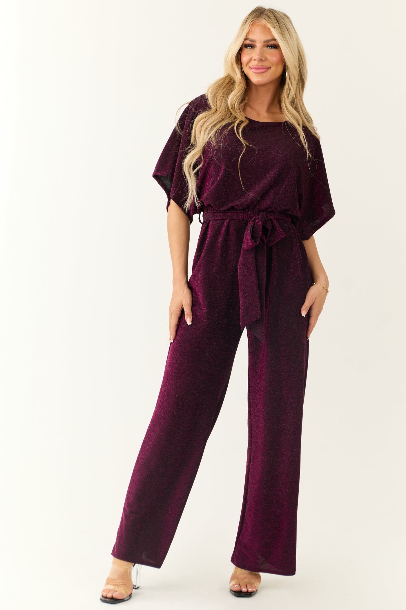 Plum Glitter Waist Tied Jumpsuit