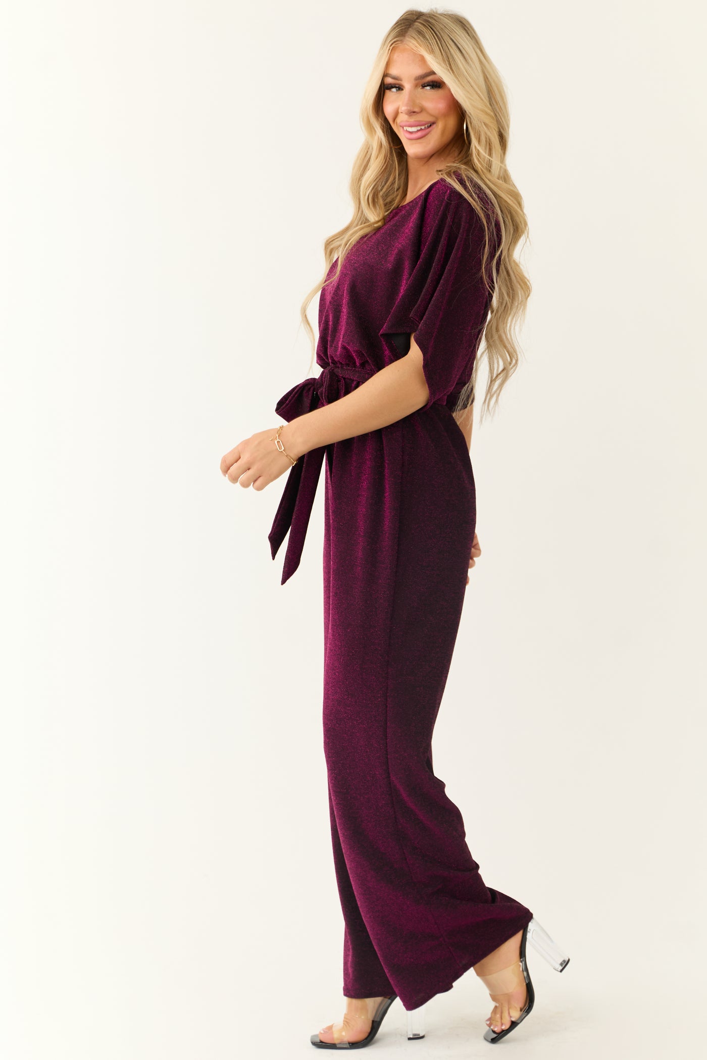 Plum Glitter Waist Tied Jumpsuit