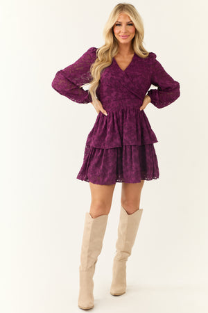 Plum Leaf Textured Long Sleeve Mini Dress