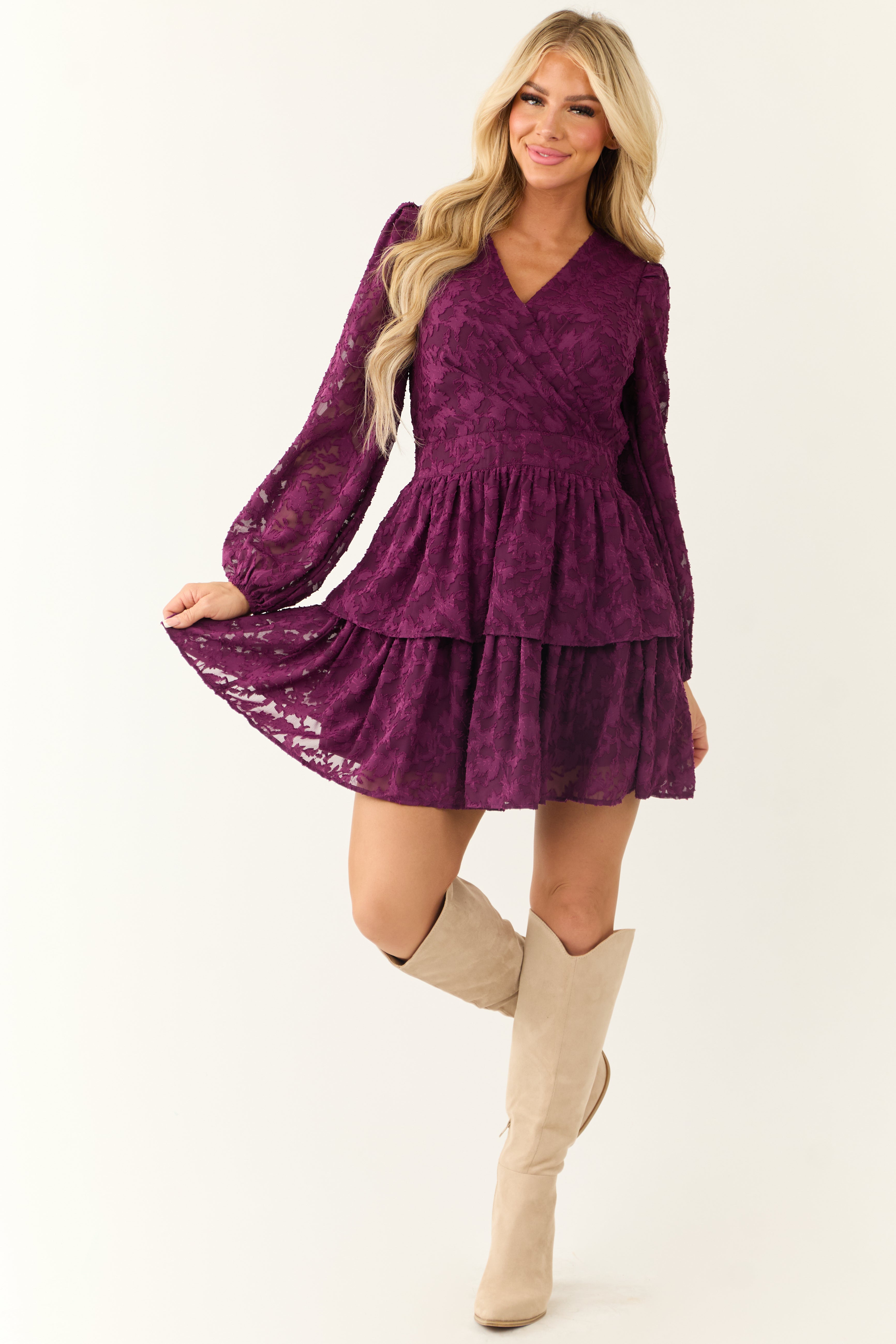 Plum Leaf Textured Long Sleeve Mini Dress