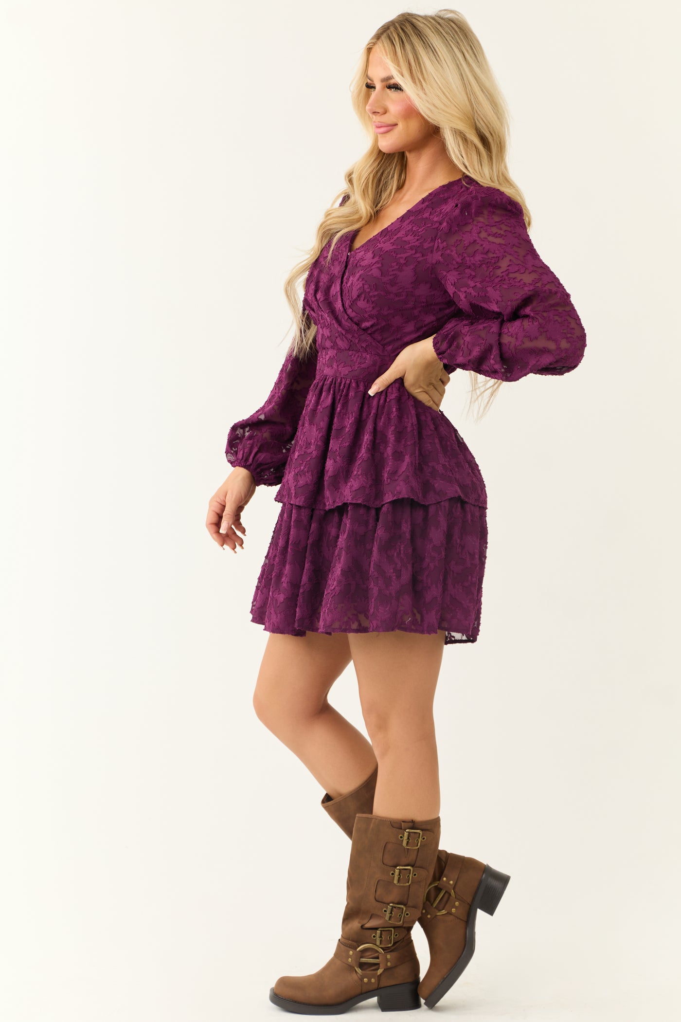 Plum Leaf Textured Long Sleeve Mini Dress