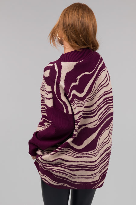 Plum Mock Neck Marble Print Sweater