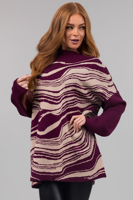 Plum Mock Neck Marble Print Sweater