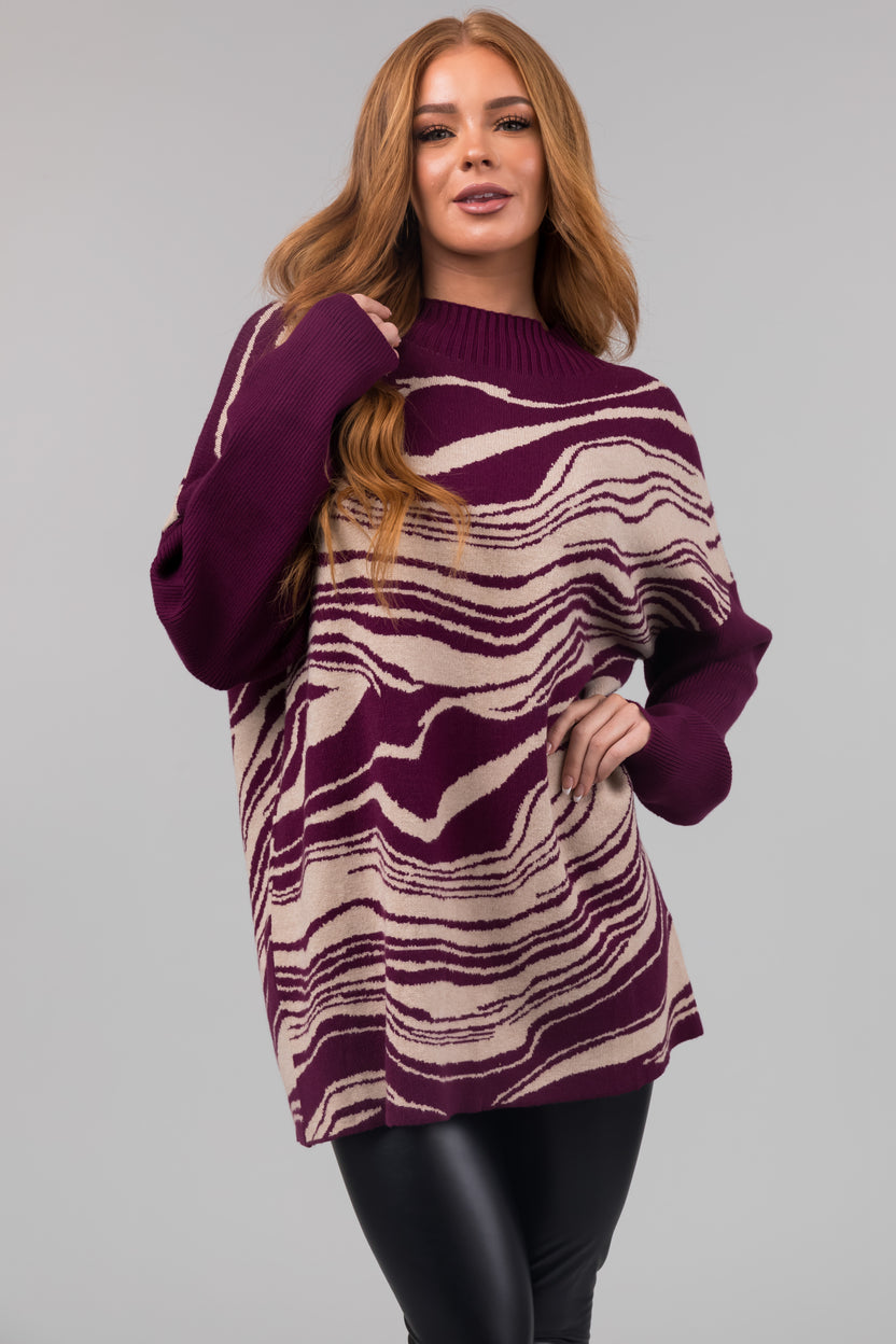 Plum Mock Neck Marble Print Sweater