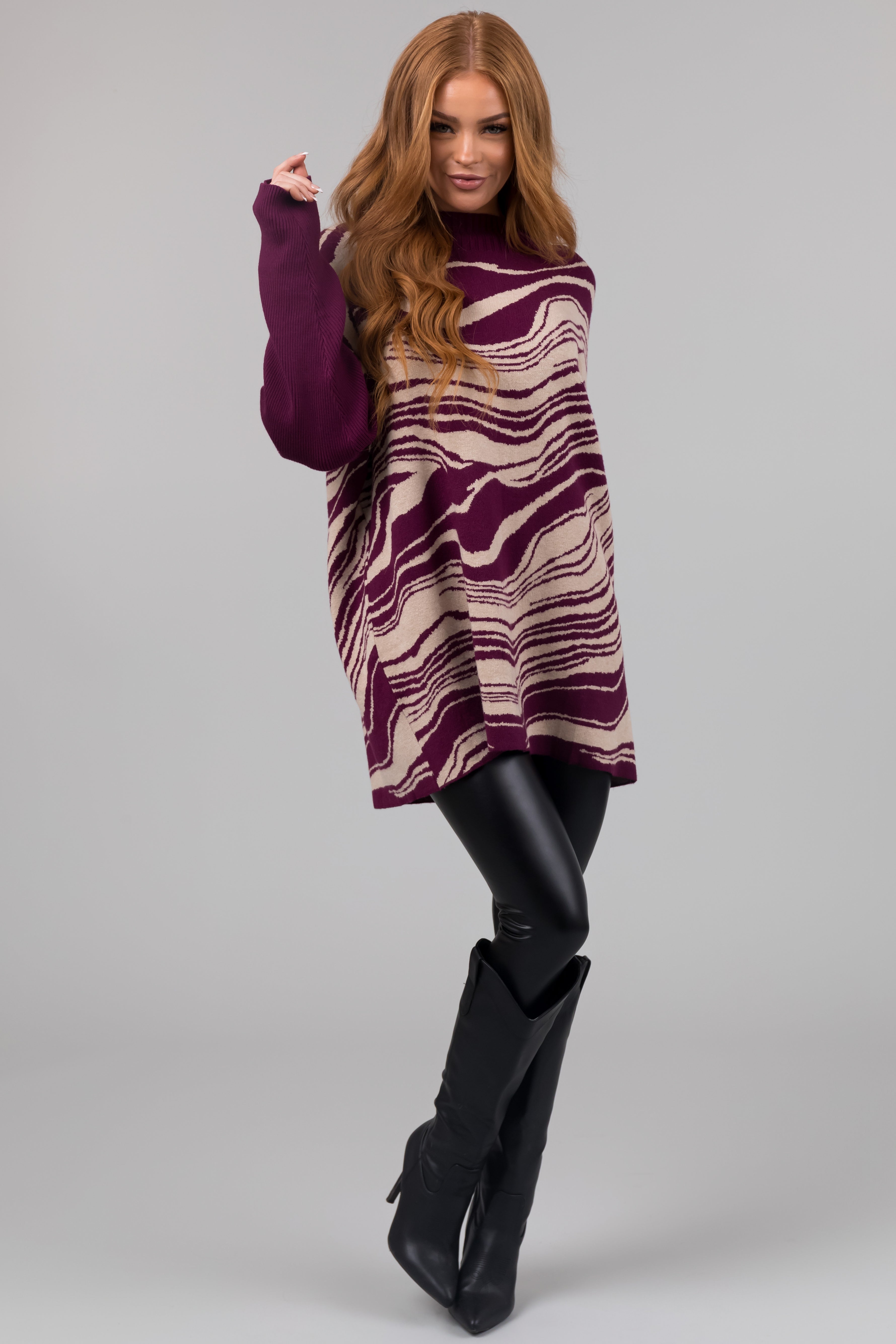 Plum Mock Neck Marble Print Sweater