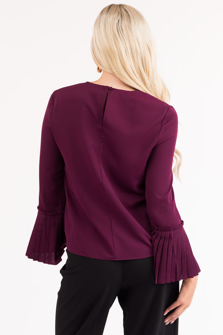 Plum Pleated Bell Sleeve Blouse