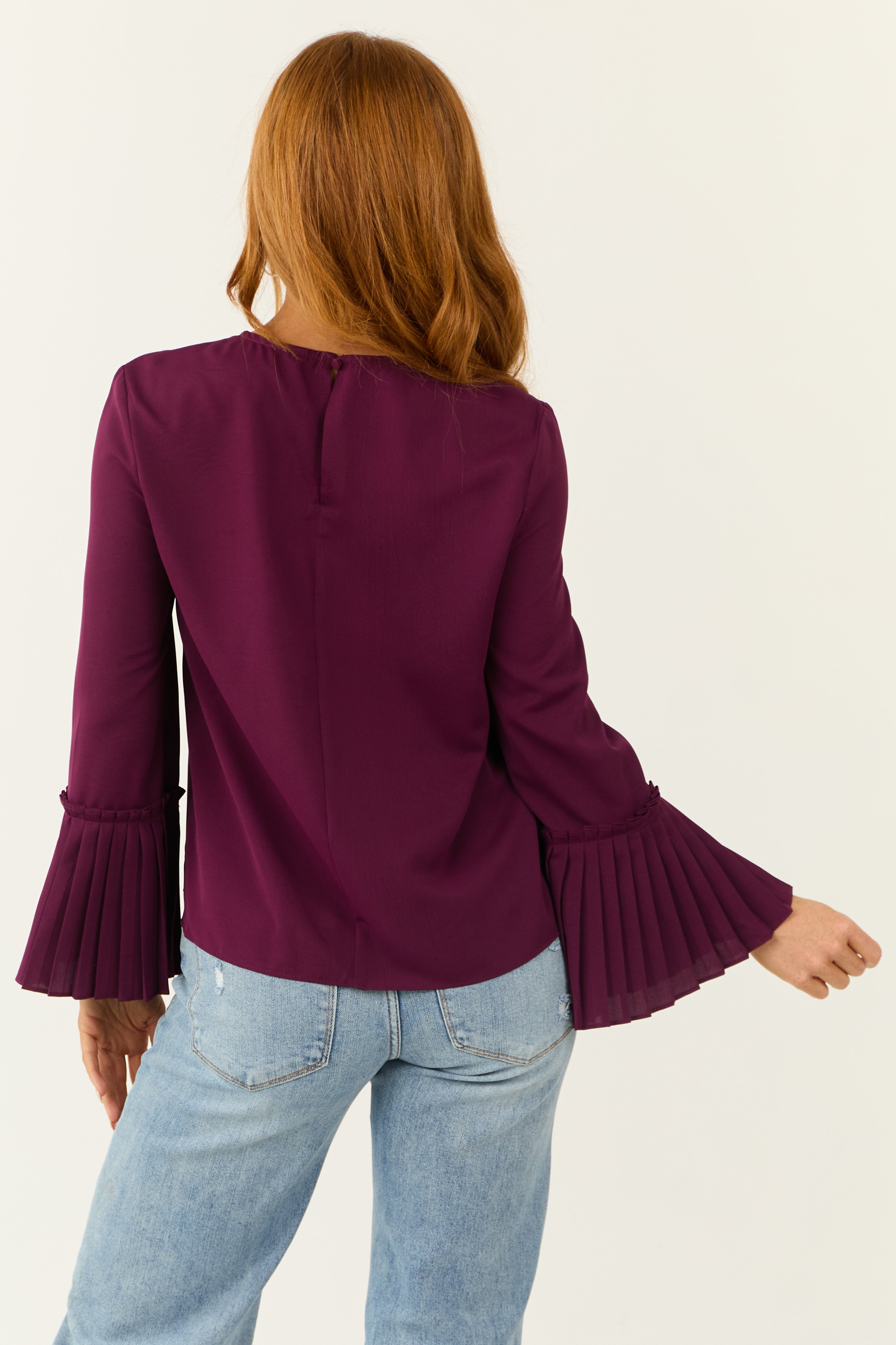 Plum Pleated Bell Sleeve Blouse