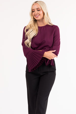 Plum Pleated Bell Sleeve Blouse