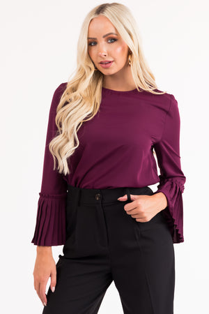 Plum Pleated Bell Sleeve Blouse