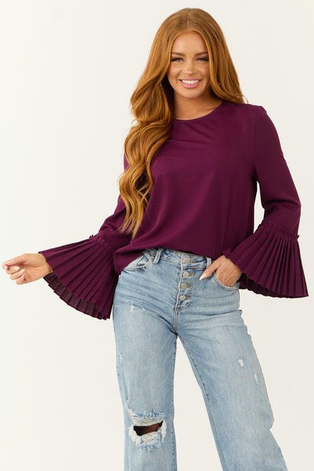 Plum Pleated Bell Sleeve Blouse