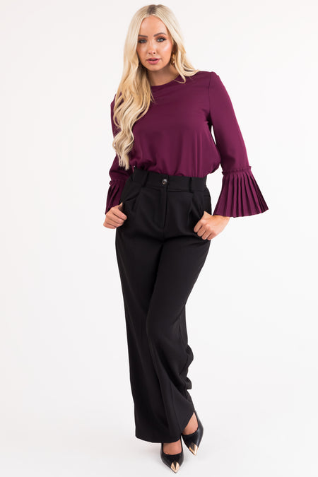 Plum Pleated Bell Sleeve Blouse