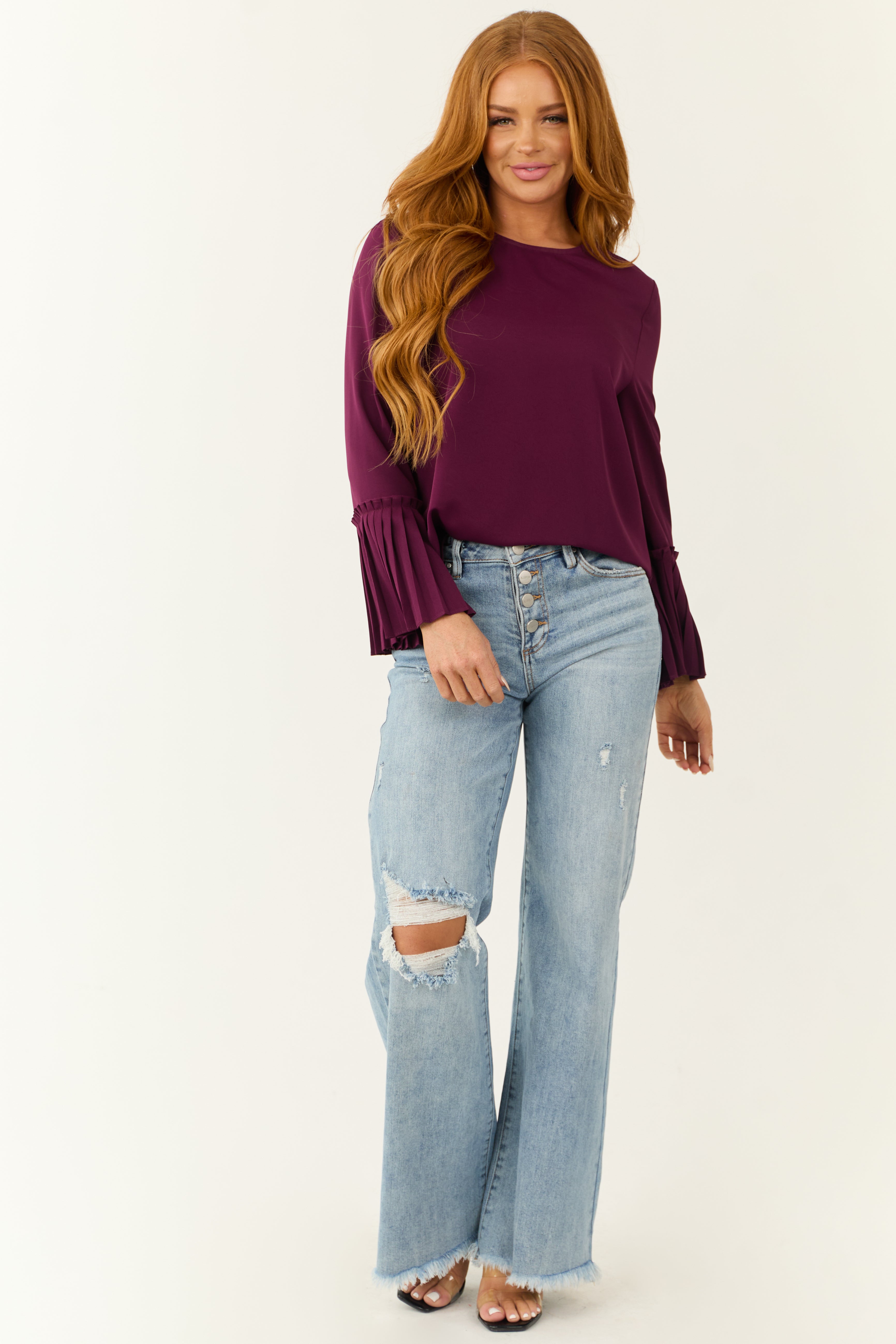 Plum Pleated Bell Sleeve Blouse