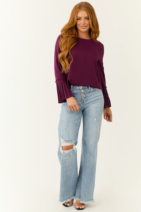 Plum Pleated Bell Sleeve Blouse