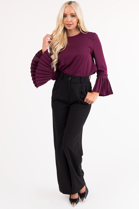 Plum Pleated Bell Sleeve Blouse