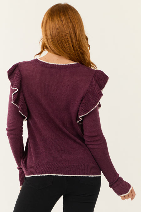 Plum Ruffle Long Sleeve Contrast Trim Top