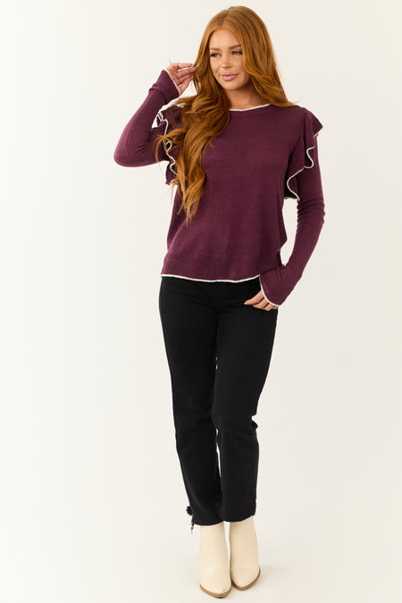 Plum Ruffle Long Sleeve Contrast Trim Top