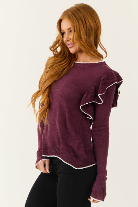 Plum Ruffle Long Sleeve Contrast Trim Top