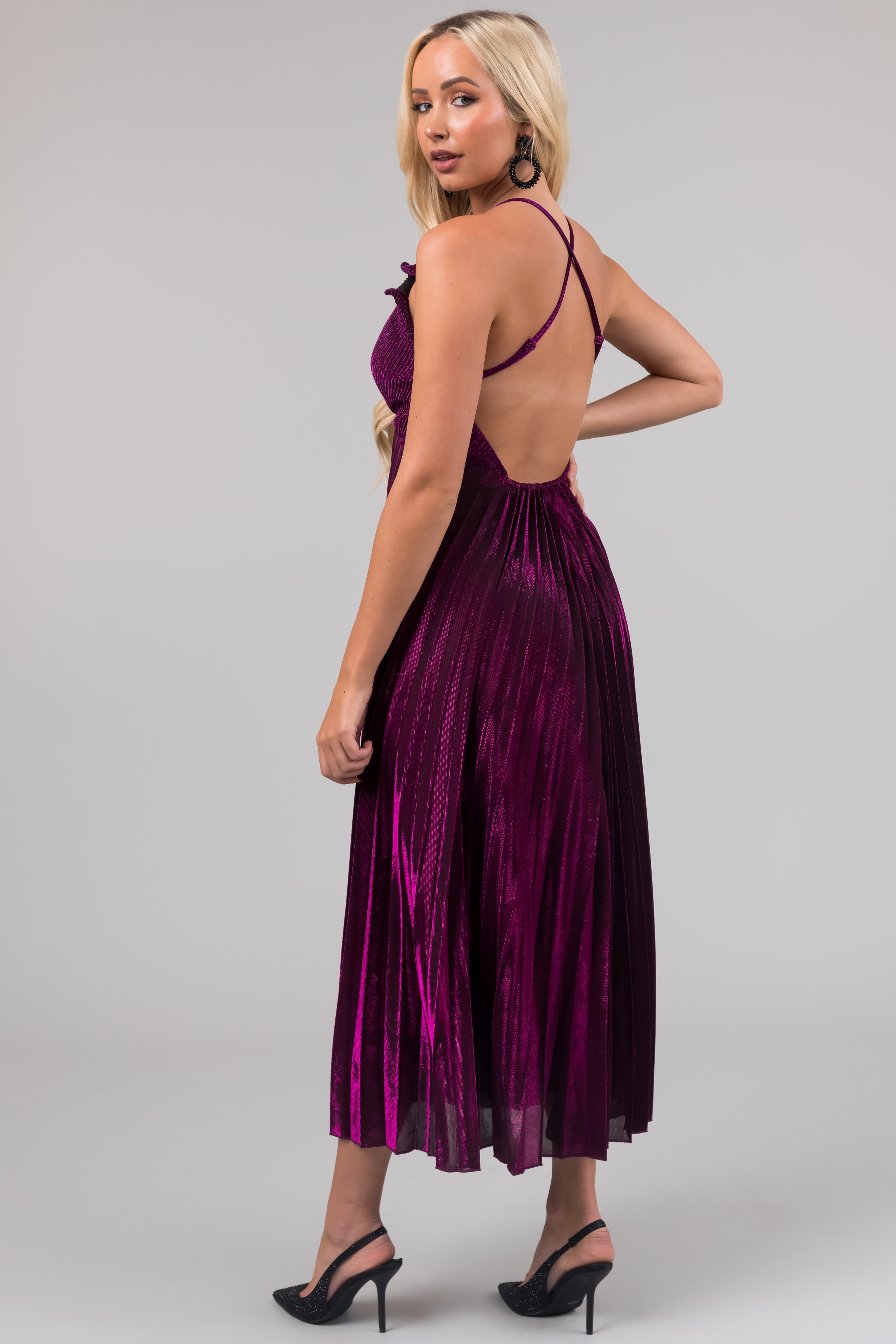 Plum Surplice Neck Sleeveless Pleated Maxi Dress