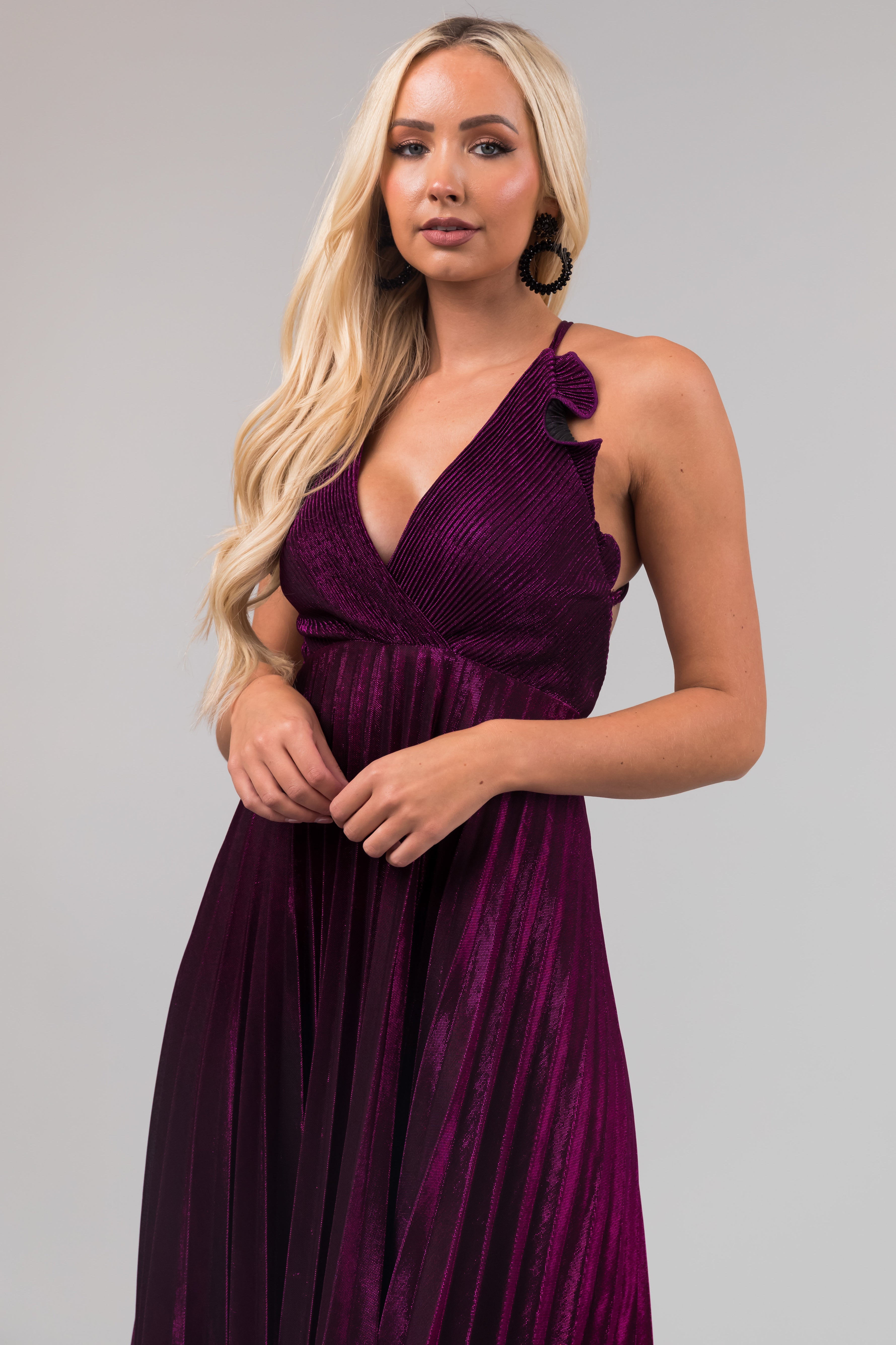 Plum Surplice Neck Sleeveless Pleated Maxi Dress