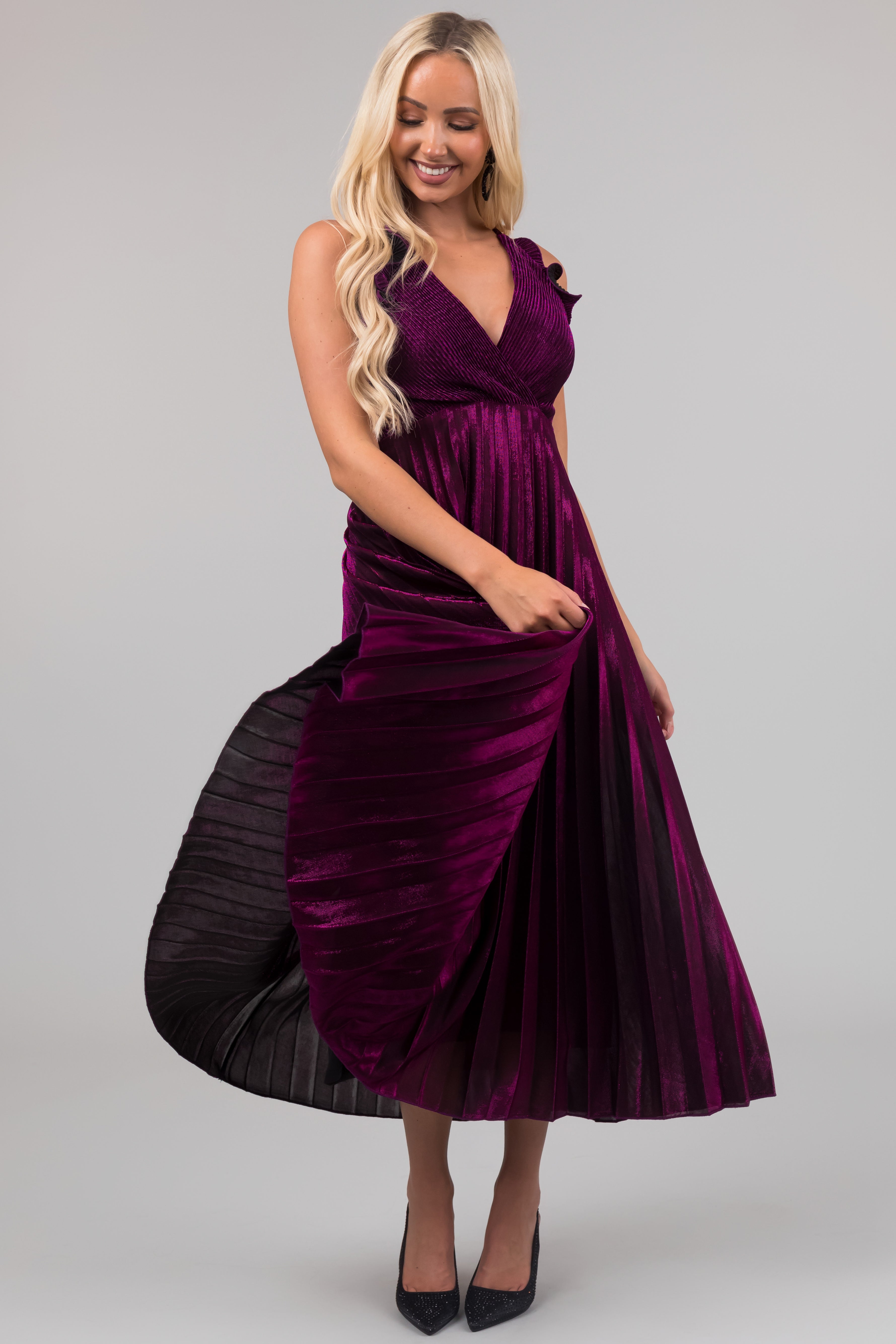 Plum Surplice Neck Sleeveless Pleated Maxi Dress