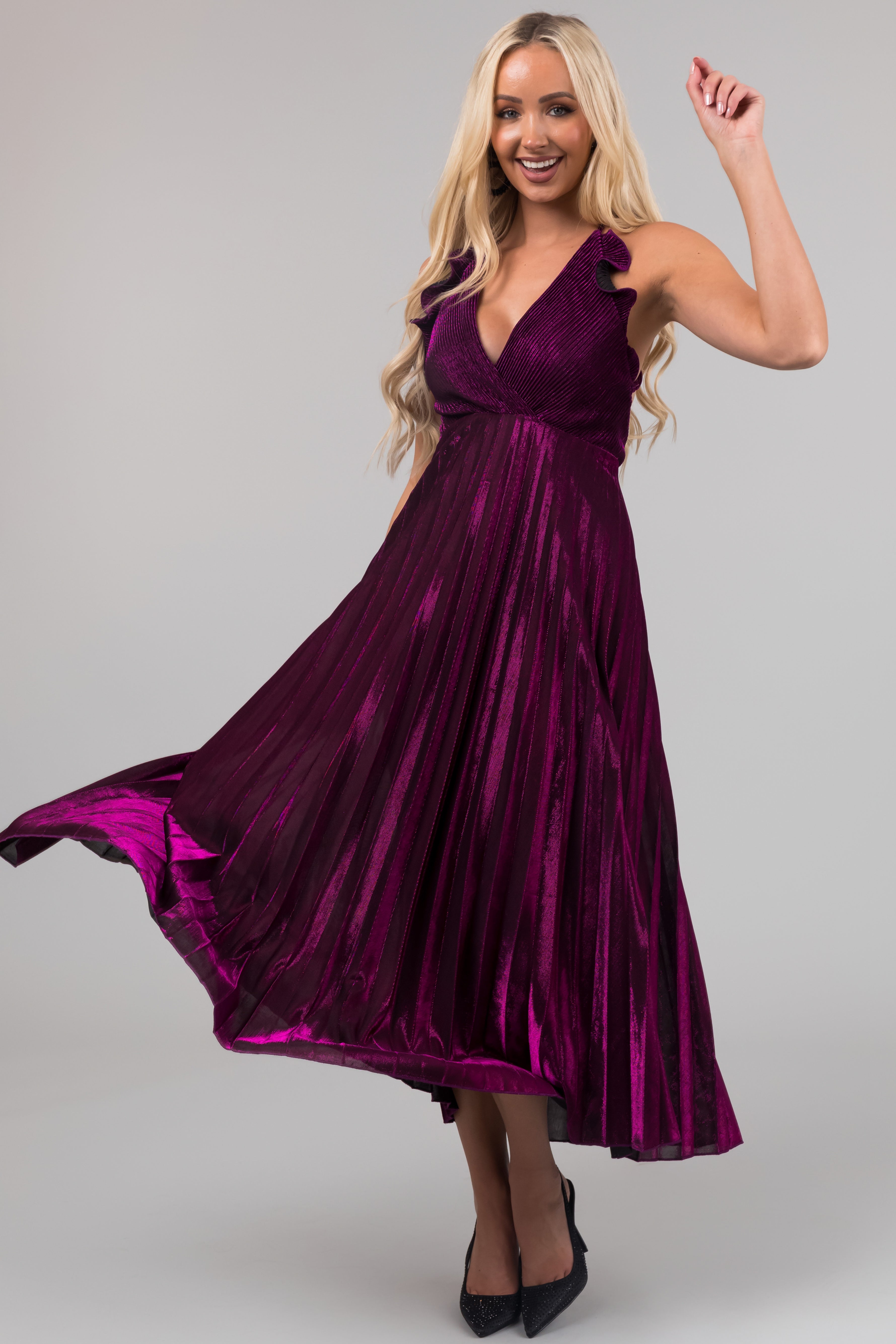 Plum Surplice Neck Sleeveless Pleated Maxi Dress | Lime Lush Boutique