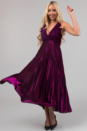 Plum Surplice Neck Sleeveless Pleated Maxi Dress