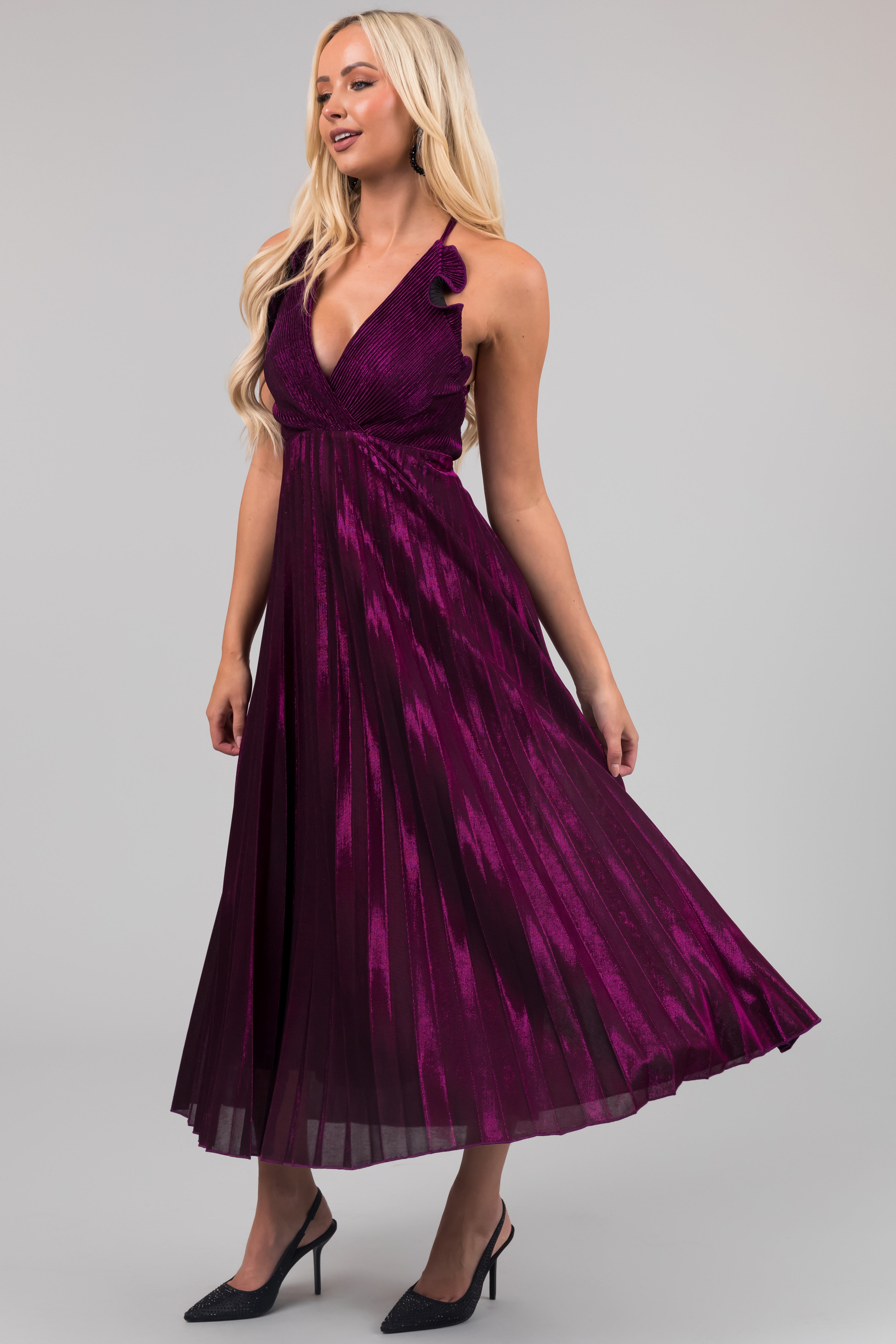 Plum Surplice Neck Sleeveless Pleated Maxi Dress