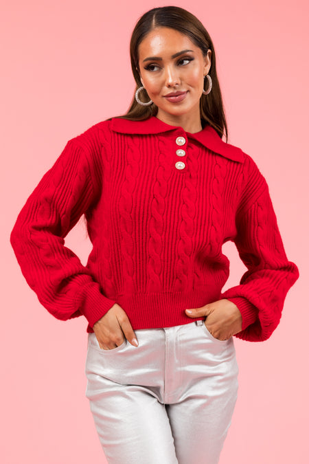 Pomegranate Button Up Pullover Cable Knit Sweater