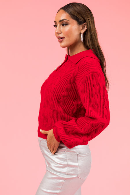 Pomegranate Button Up Pullover Cable Knit Sweater