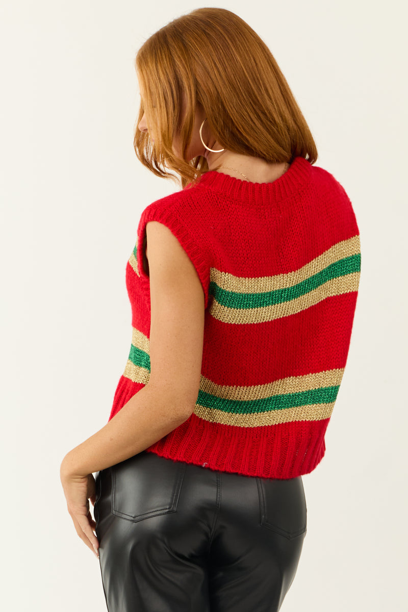 Pomegranate Striped Sleeveless Knit Sweater Top