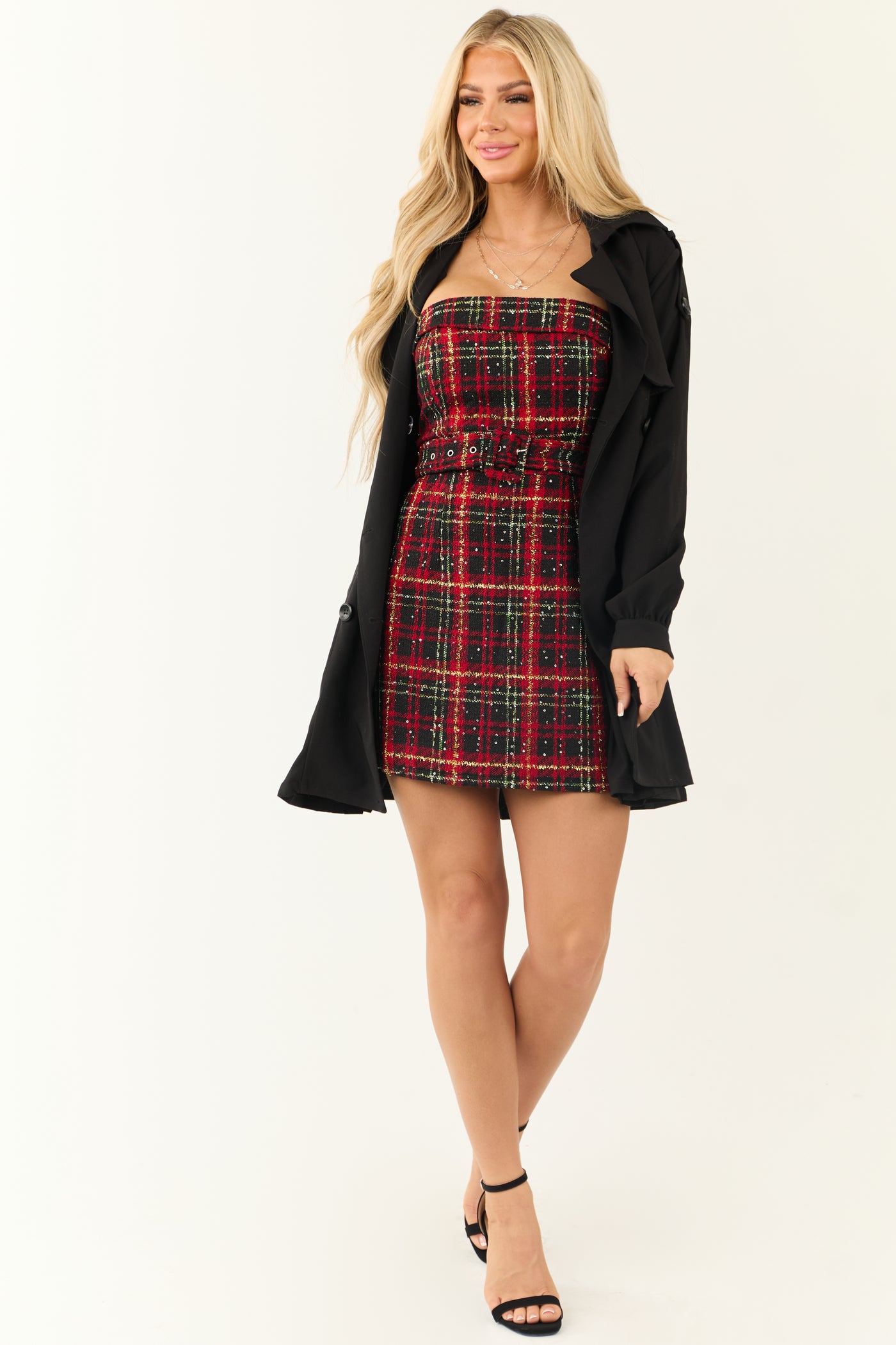 Pomegranate and Black Plaid Tweed Mini Dress