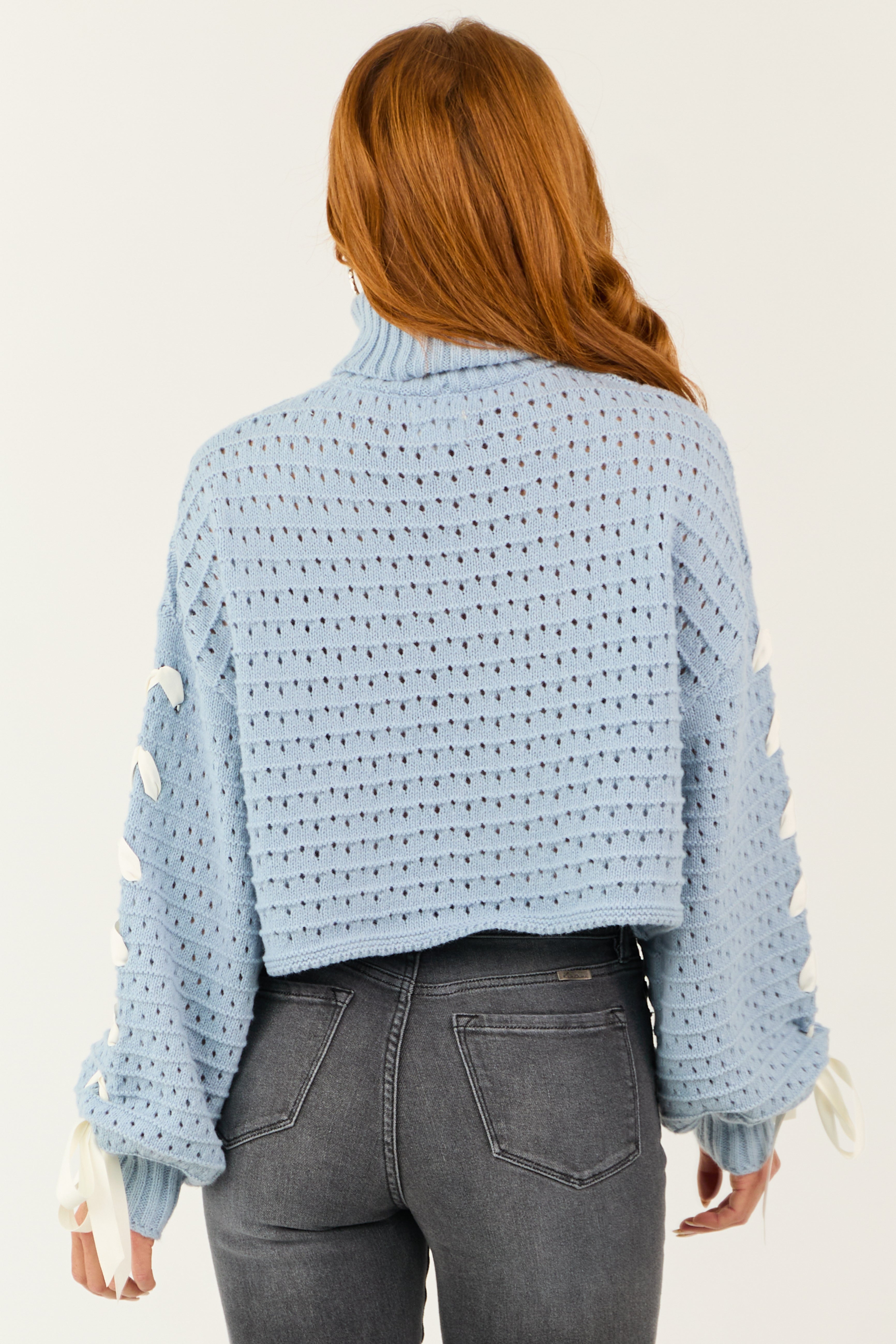 Powder Blue Bow Detail Pointelle Knit Crop Sweater