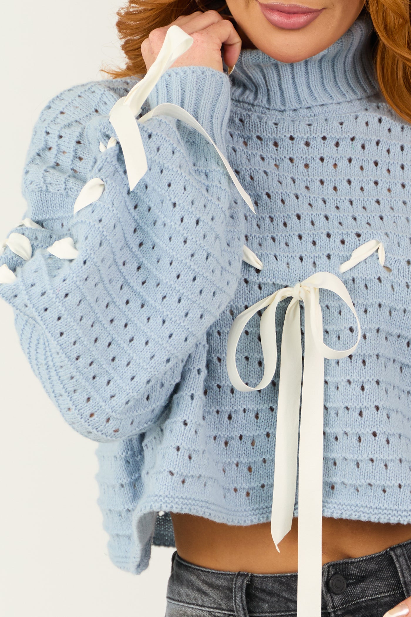 Powder Blue Bow Detail Pointelle Knit Crop Sweater