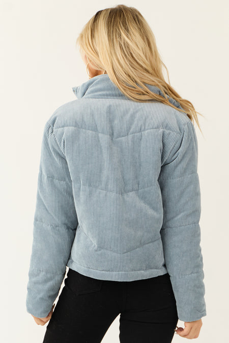 Powder Blue Corduroy Zip Up Puffer Jacket