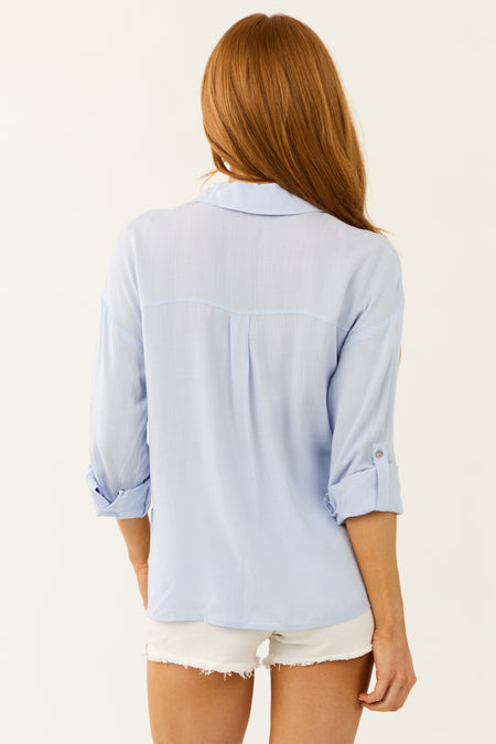 Powder Blue Faux Linen Hem Tie V Neck Shirt