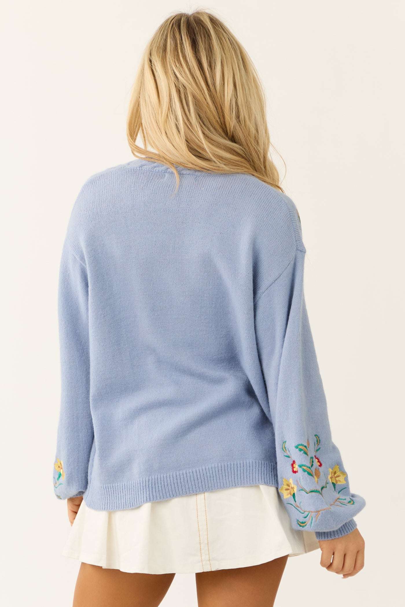 Powder Blue Floral Embroidered Knit Cardigan