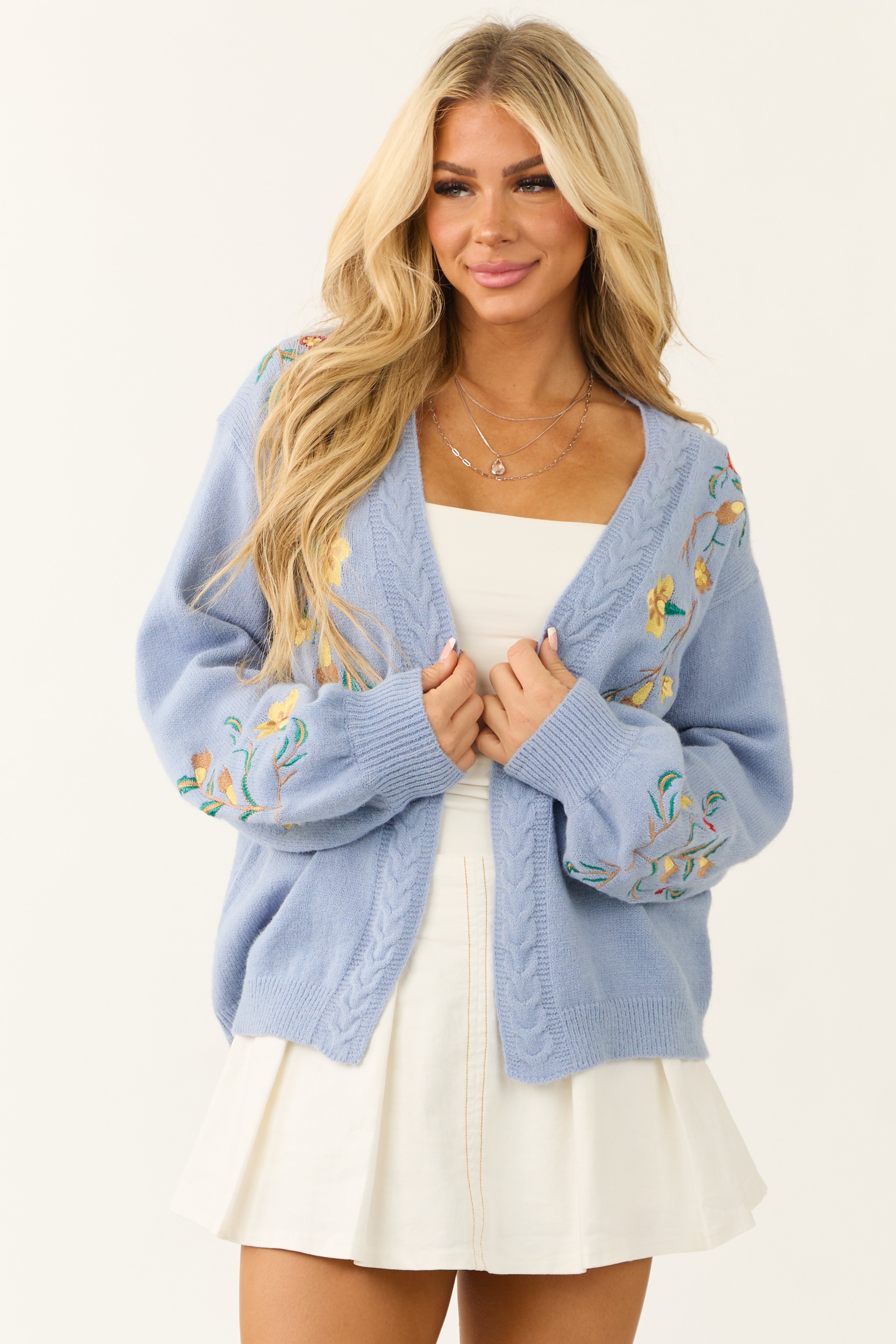 Powder Blue Floral Embroidered Knit Cardigan