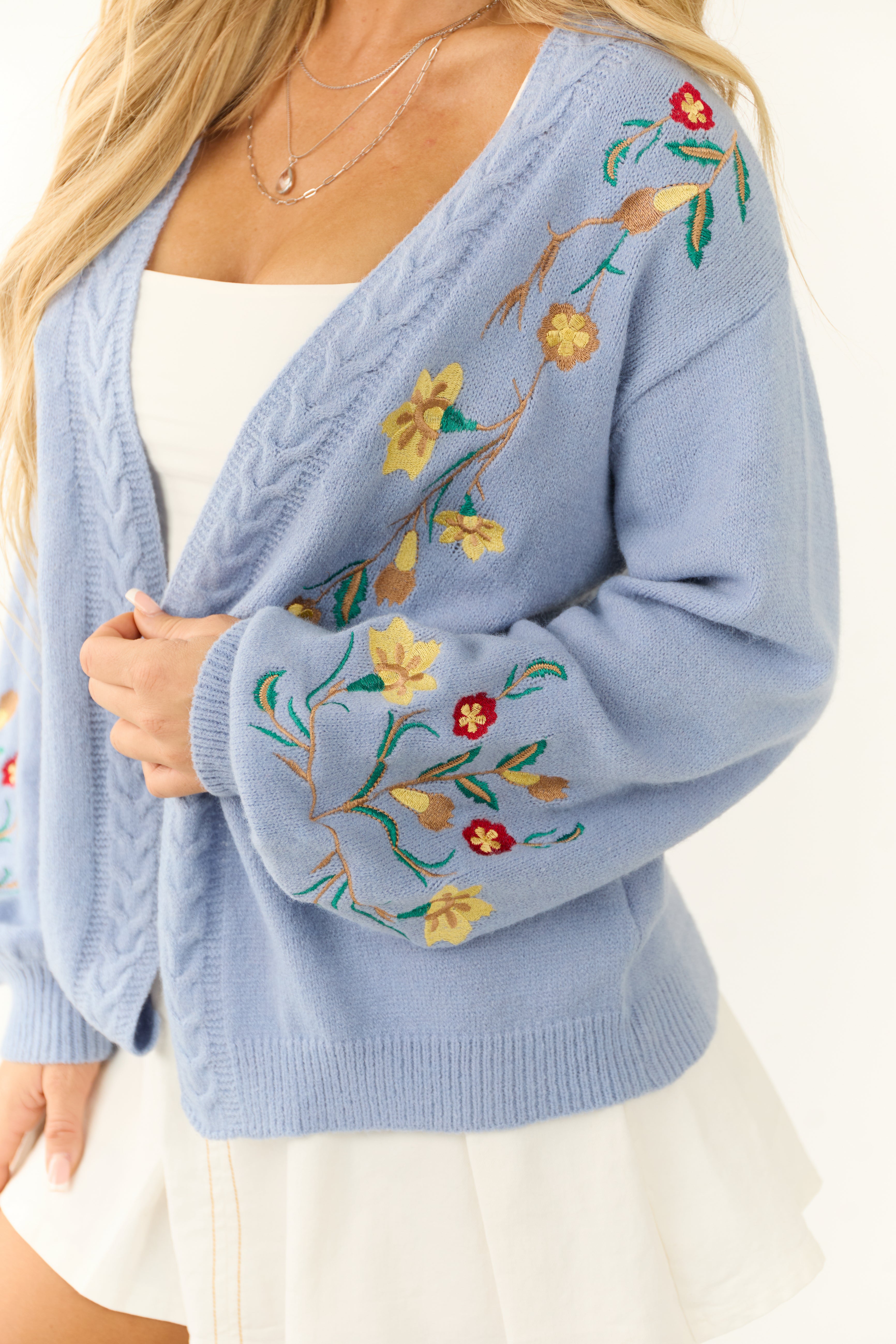 Powder Blue Floral Embroidered Knit Cardigan