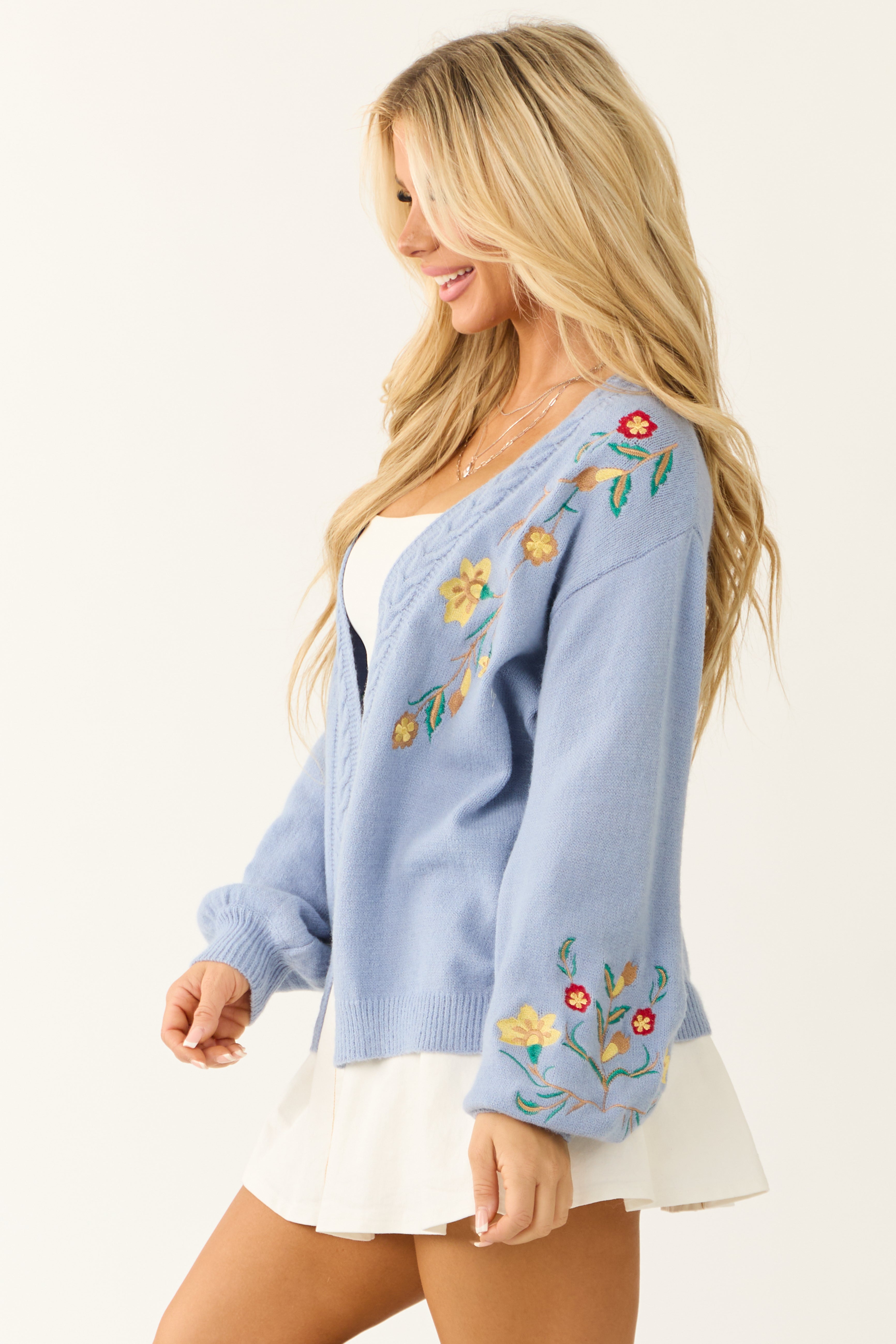 Powder Blue Floral Embroidered Knit Cardigan