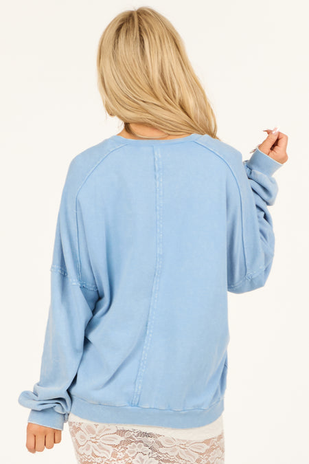 Powder Blue Floral Graphic Long Sleeve Knit Top