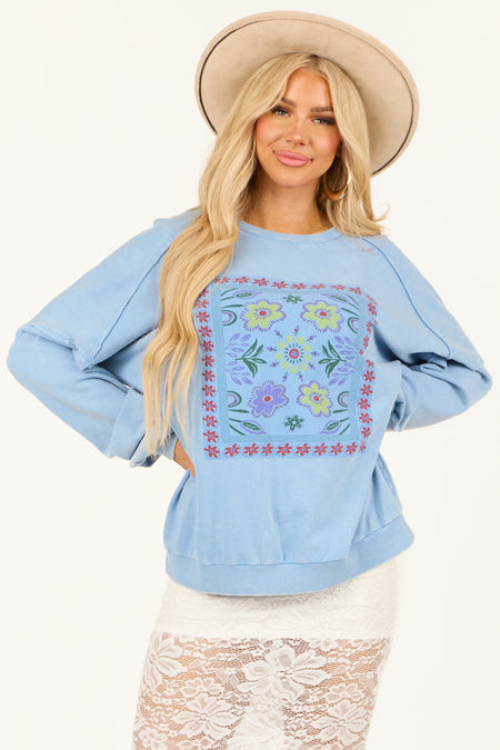 Powder Blue Floral Graphic Long Sleeve Knit Top