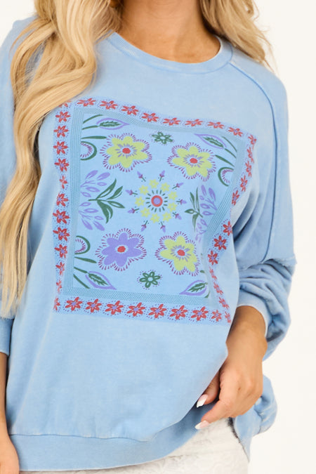 Powder Blue Floral Graphic Long Sleeve Knit Top