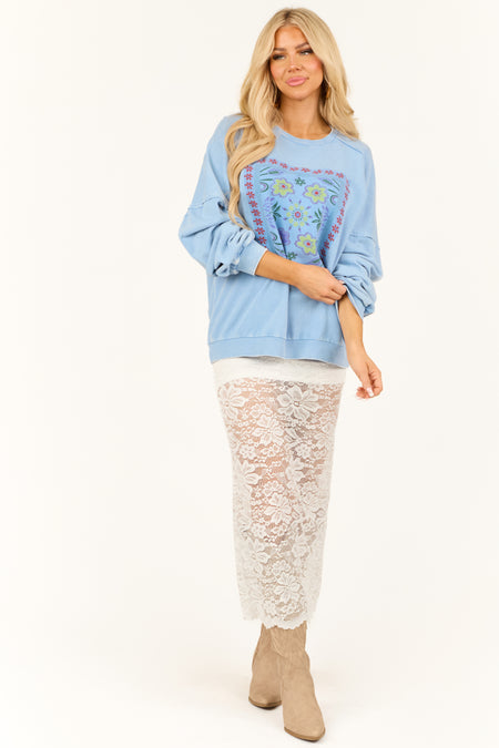 Powder Blue Floral Graphic Long Sleeve Knit Top